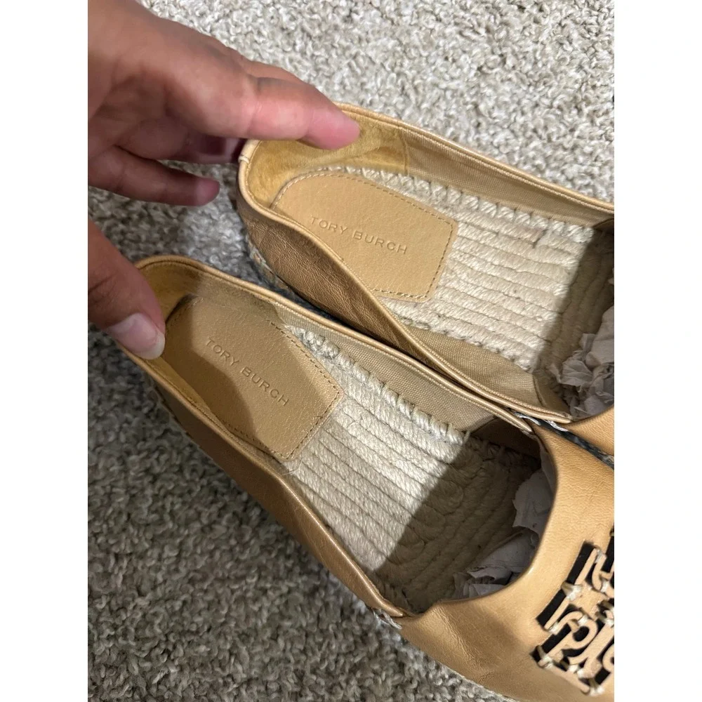 Tory Burch Ines Leather Espadrilles Tan Double T Logo Flats 8M Resortwear